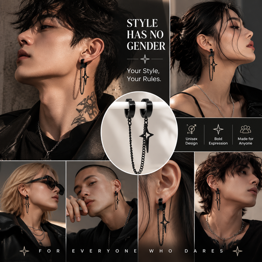 Black Chain Hoop Earrings for Men, Stainless Steel Cross Star Dangle Huggie Earrings, Gothic Punk Streetwear Jewelry