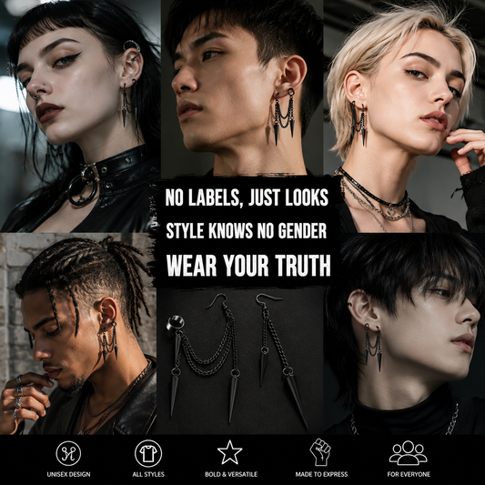 Black Gothic Spike Chain Ear Cuff Earrings – Punk Dangle Tassel Earrings for Women & Men, Edgy Stainless Steel Jewelry