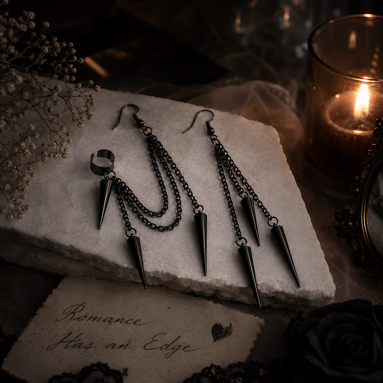 Black Gothic Spike Chain Ear Cuff Earrings – Punk Dangle Tassel Earrings for Women & Men, Edgy Stainless Steel Jewelry