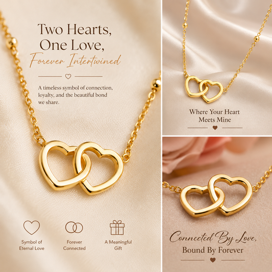 Interlocking Double Heart Necklace for Women, Color Gold Plated Stainless Steel Love Pendant Necklace, Minimalist Gift for Her