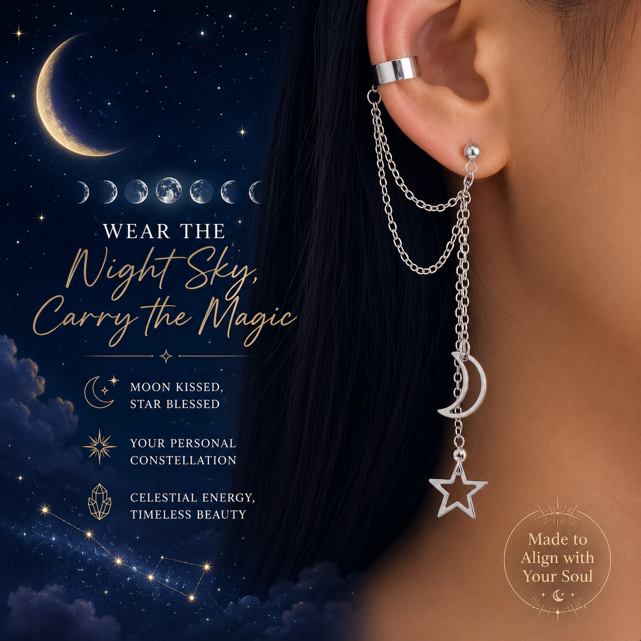 Moon & Star Ear Cuff Chain Earrings, Silver Stainless Steel Ear Wrap Earrings for Women Celestial Dangle Cartilage Jewelry