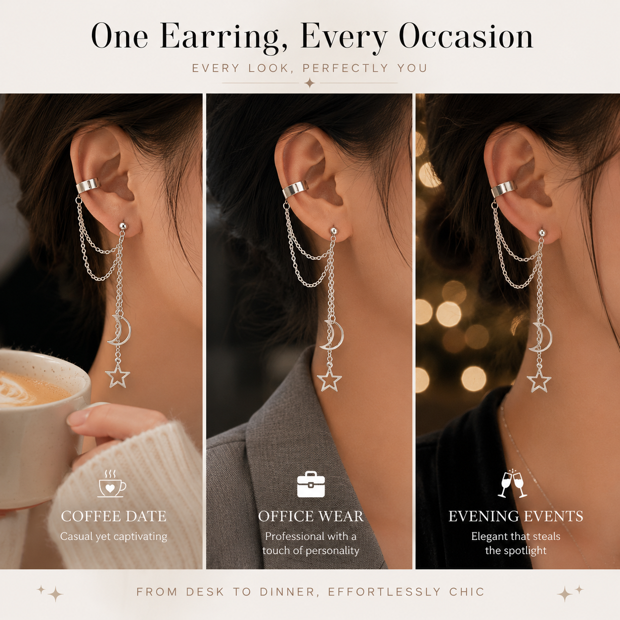 Moon & Star Ear Cuff Chain Earrings, Silver Stainless Steel Ear Wrap Earrings for Women Celestial Dangle Cartilage Jewelry
