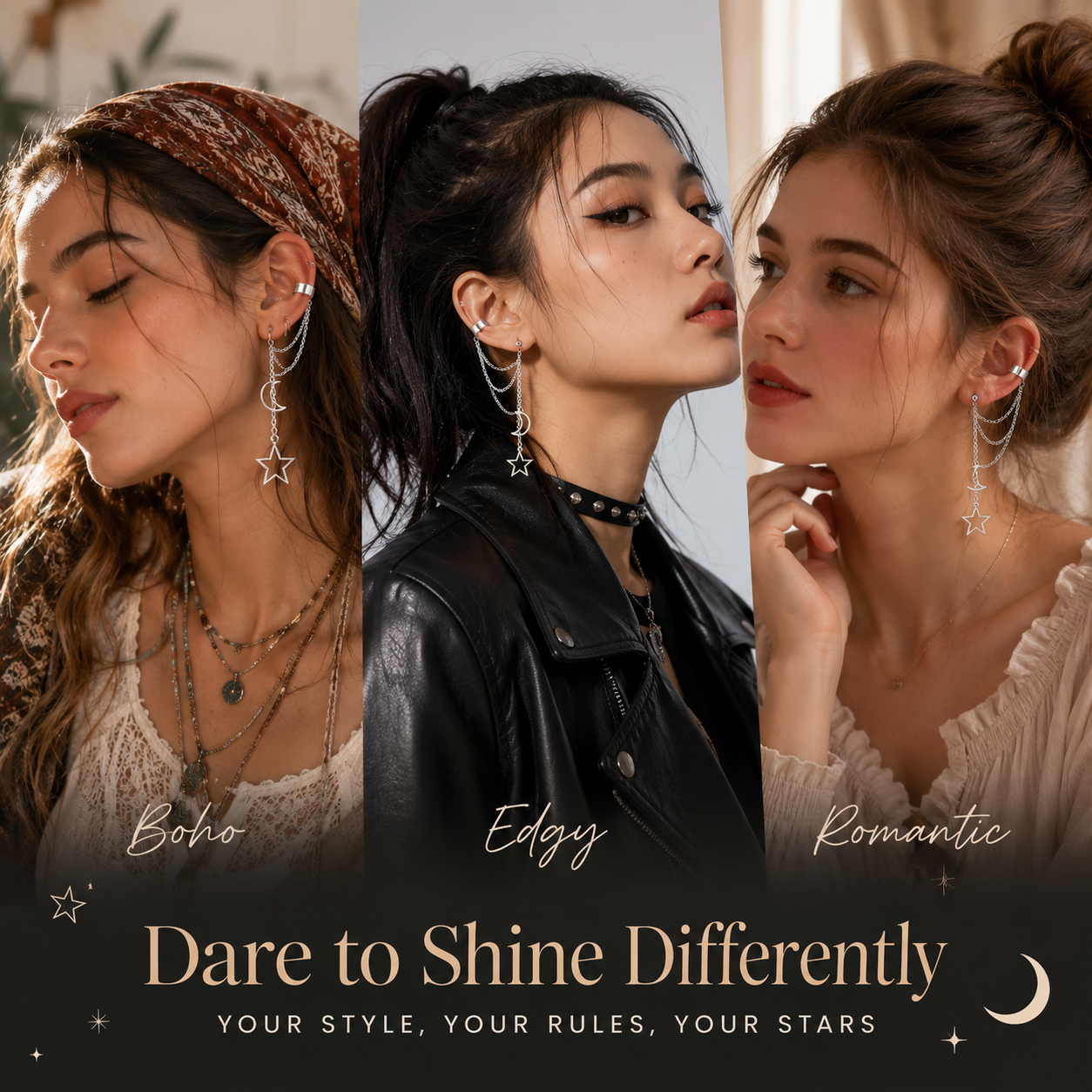 Moon & Star Ear Cuff Chain Earrings, Silver Stainless Steel Ear Wrap Earrings for Women Celestial Dangle Cartilage Jewelry