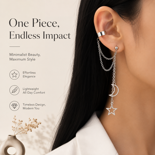 Moon & Star Ear Cuff Chain Earrings, Silver Stainless Steel Ear Wrap Earrings for Women Celestial Dangle Cartilage Jewelry