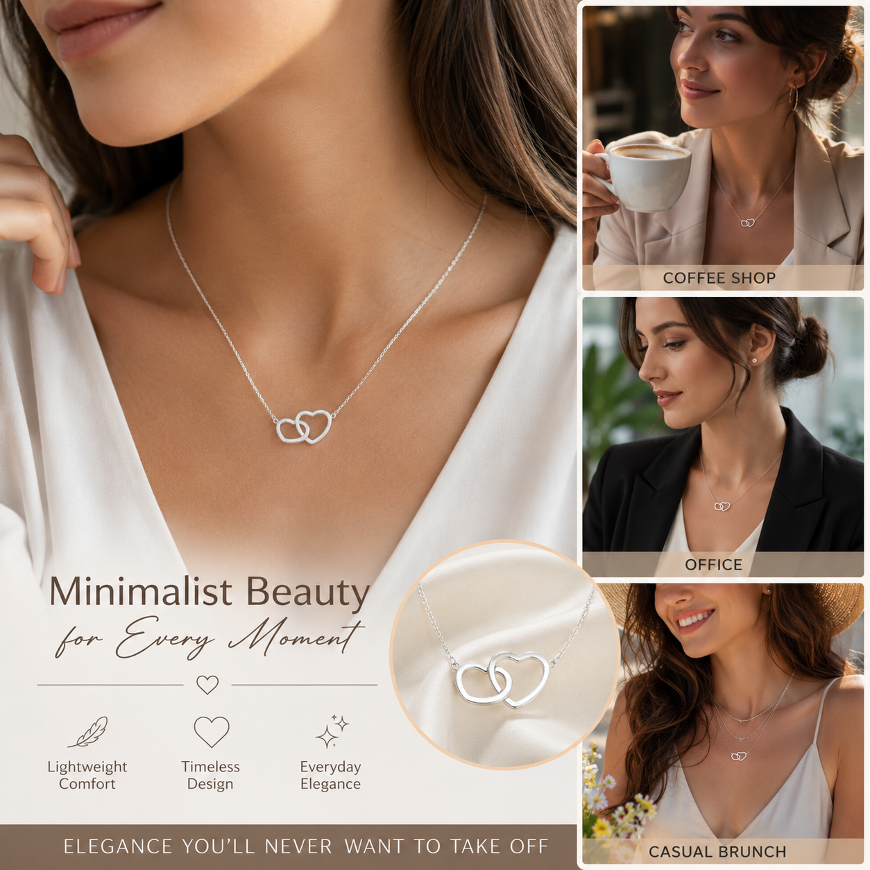 Interlocking Double Heart Necklace for Women, Silver Stainless Steel Love Pendant Necklace, Minimalist Promise Jewelry Gift for Her