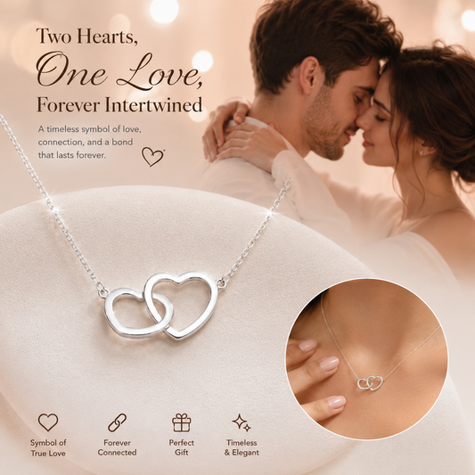 Interlocking Double Heart Necklace for Women, Silver Stainless Steel Love Pendant Necklace, Minimalist Promise Jewelry Gift for Her
