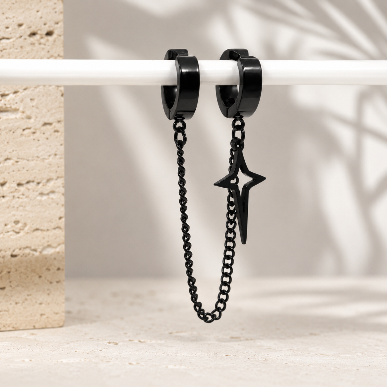 Black Chain Hoop Earrings for Men, Stainless Steel Cross Star Dangle Huggie Earrings, Gothic Punk Streetwear Jewelry