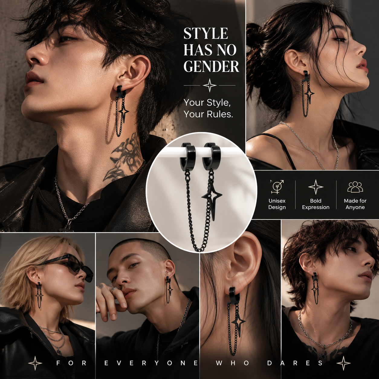 Black Chain Hoop Earrings for Men, Stainless Steel Cross Star Dangle Huggie Earrings, Gothic Punk Streetwear Jewelry
