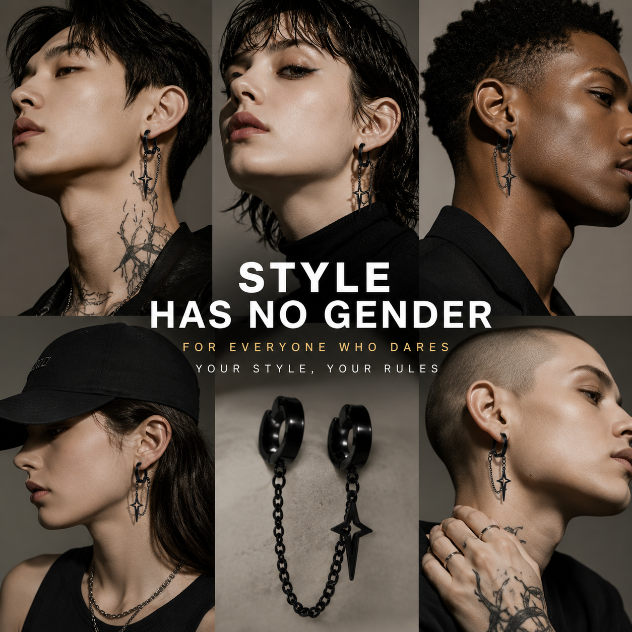 Black Chain Hoop Earrings for Men, Stainless Steel Cross Star Dangle Huggie Earrings, Gothic Punk Streetwear Jewelry