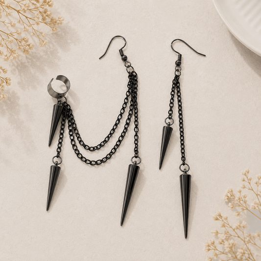 Black Gothic Spike Chain Ear Cuff Earrings – Punk Dangle Tassel Earrings for Women & Men, Edgy Stainless Steel Jewelry