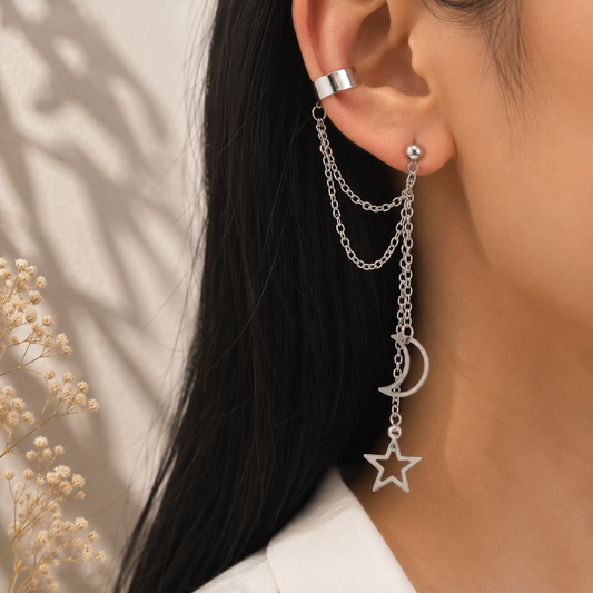 Moon & Star Ear Cuff Chain Earrings, Silver Stainless Steel Ear Wrap Earrings for Women Celestial Dangle Cartilage Jewelry